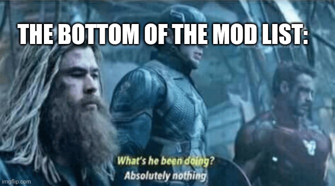 What's he been doing? Absolutely nothing | THE BOTTOM OF THE MOD LIST: | image tagged in what's he been doing absolutely nothing | made w/ Imgflip meme maker