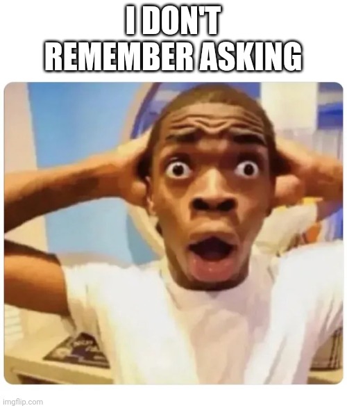 Black guy suprised | I DON'T REMEMBER ASKING | image tagged in black guy suprised | made w/ Imgflip meme maker