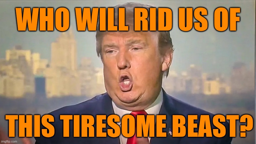 WHO WILL RID US OF THIS TIRESOME BEAST? | WHO WILL RID US OF; THIS TIRESOME BEAST? | image tagged in politics,trump,republicans | made w/ Imgflip meme maker