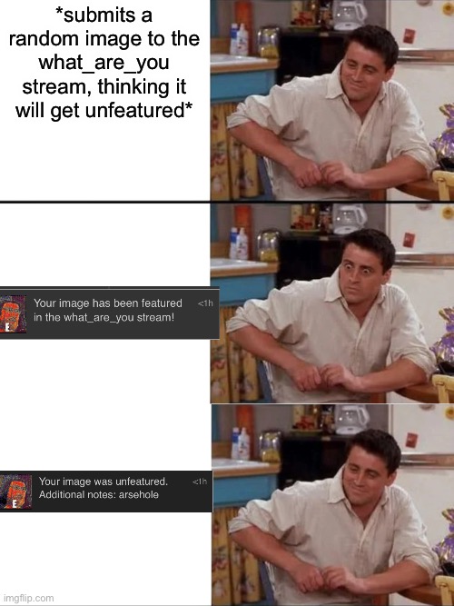 Idk how it got featured | *submits a random image to the what_are_you stream, thinking it will get unfeatured* | image tagged in surprised joey | made w/ Imgflip meme maker