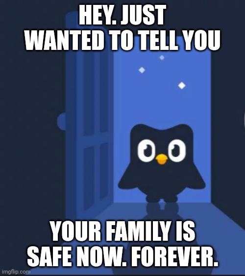 Duolingo bird | HEY. JUST WANTED TO TELL YOU YOUR FAMILY IS SAFE NOW. FOREVER. | image tagged in duolingo bird | made w/ Imgflip meme maker
