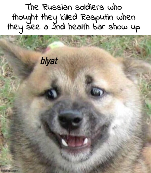 The Russian soldiers who thought they killed Rasputin when they see a 2nd health bar show up; blyat | image tagged in blank white template | made w/ Imgflip meme maker