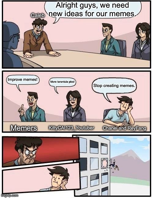 Boardroom Meeting Suggestion Meme | Alright guys, we need new ideas for our memes. Caleb; Improve memes! More tarantula pics! Stop creating memes. Chanel and ReyFang; Memers; KittyCAt123_Youtuber | image tagged in memes,boardroom meeting suggestion | made w/ Imgflip meme maker