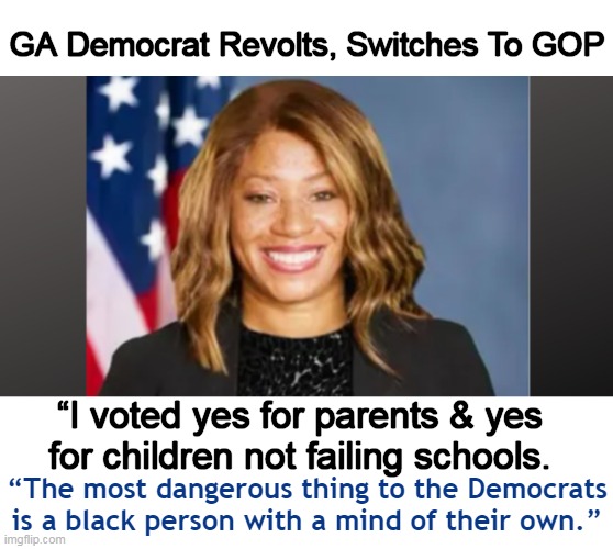 “For far too long, the Democrat Party has gotten away w/ using & abusing the black community." | GA Democrat Revolts, Switches To GOP; “I voted yes for parents & yes
for children not failing schools. “The most dangerous thing to the Democrats
is a black person with a mind of their own.” | image tagged in politics,democrat party,switch,republican party,black people,thinking | made w/ Imgflip meme maker