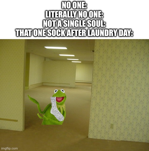 The Backrooms | NO ONE:
LITERALLY NO ONE:
NOT A SINGLE SOUL:
THAT ONE SOCK AFTER LAUNDRY DAY: | image tagged in the backrooms | made w/ Imgflip meme maker