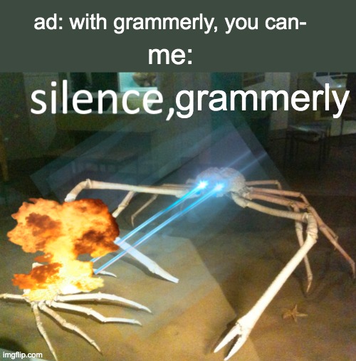grammerly ads are so long these days :( | ad: with grammerly, you can-; me:; grammerly | image tagged in silence crab | made w/ Imgflip meme maker