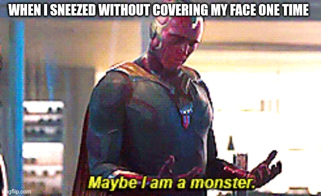 I sneezed without covering | WHEN I SNEEZED WITHOUT COVERING MY FACE ONE TIME | image tagged in maybe i am a monster | made w/ Imgflip meme maker