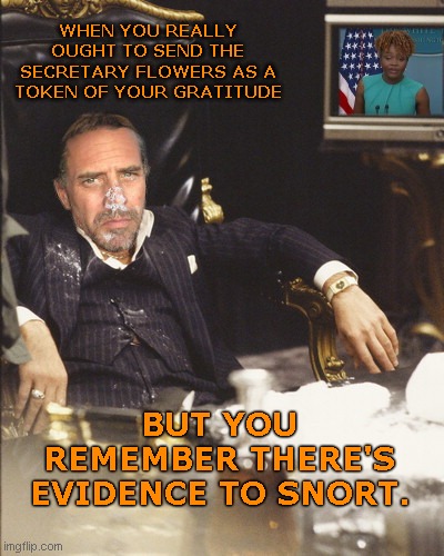 Hunter First World Problems | WHEN YOU REALLY OUGHT TO SEND THE SECRETARY FLOWERS AS A TOKEN OF YOUR GRATITUDE; BUT YOU REMEMBER THERE'S EVIDENCE TO SNORT. | image tagged in scarface,hunter biden,cocaine,karine jean pierre,biden crime family,satire | made w/ Imgflip meme maker