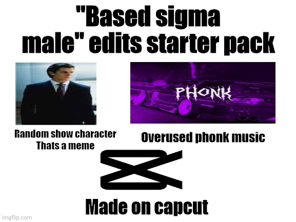 This is the entirety of tiktok | "Based sigma male" edits starter pack; Overused phonk music; Random show character
Thats a meme; Made on capcut | image tagged in blank white template | made w/ Imgflip meme maker