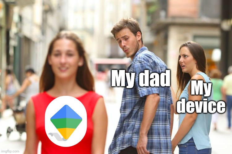 That kite is the logo of Family Link, it's a child monitoring app. | My dad; My device | image tagged in memes,distracted boyfriend | made w/ Imgflip meme maker