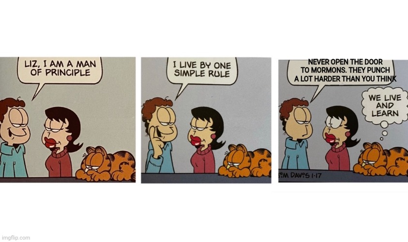 Life lessons with Jon | NEVER OPEN THE DOOR TO MORMONS. THEY PUNCH A LOT HARDER THAN YOU THINK | image tagged in i am a man of principal jon arbuckle,life lessons,jon,garfield | made w/ Imgflip meme maker