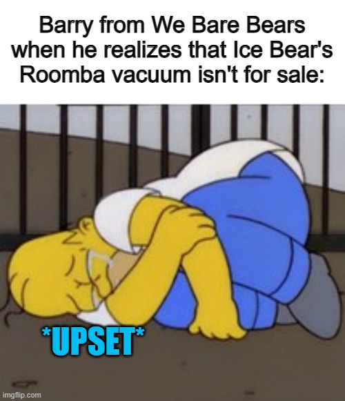 XD | Barry from We Bare Bears when he realizes that Ice Bear's Roomba vacuum isn't for sale:; *UPSET* | image tagged in homer upset | made w/ Imgflip meme maker