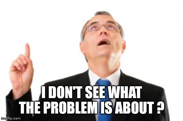 Man Pointing Up | I DON'T SEE WHAT THE PROBLEM IS ABOUT ? | image tagged in man pointing up | made w/ Imgflip meme maker