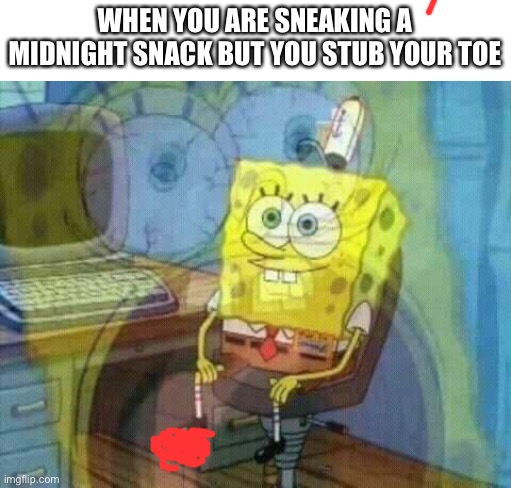 O W | WHEN YOU ARE SNEAKING A MIDNIGHT SNACK BUT YOU STUB YOUR TOE | image tagged in spongebob panic inside,stelf | made w/ Imgflip meme maker
