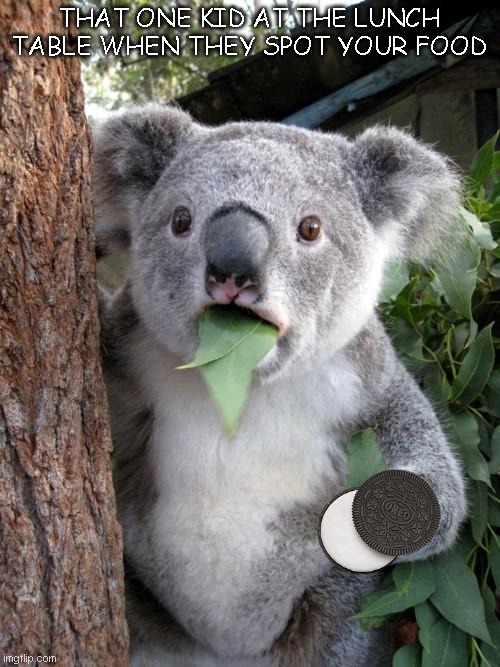 I will trade you for that | THAT ONE KID AT THE LUNCH TABLE WHEN THEY SPOT YOUR FOOD | image tagged in memes,surprised koala,meme,funny,funny memes,funny meme | made w/ Imgflip meme maker
