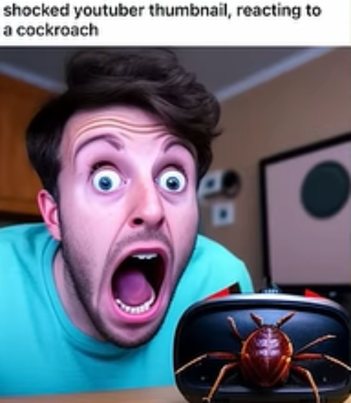 High Quality shocked youtuber thumbnail, reacting to a cockroach Blank Meme Template