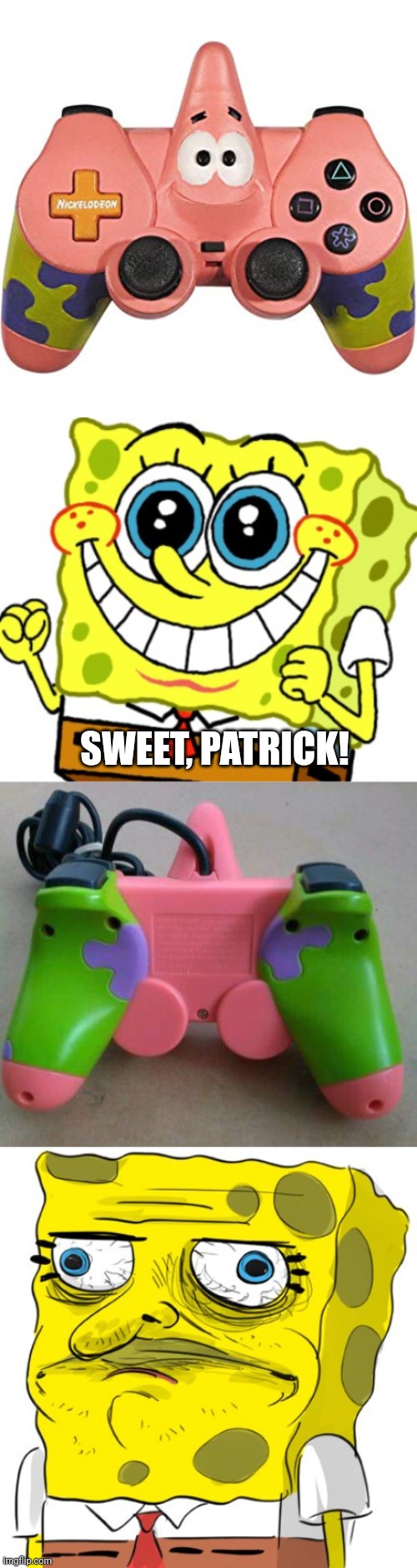 DON'T TOUCH THE BACK | SWEET, PATRICK! | image tagged in spongebob,patrick star,spongebob squarepants,playstation,video games | made w/ Imgflip meme maker