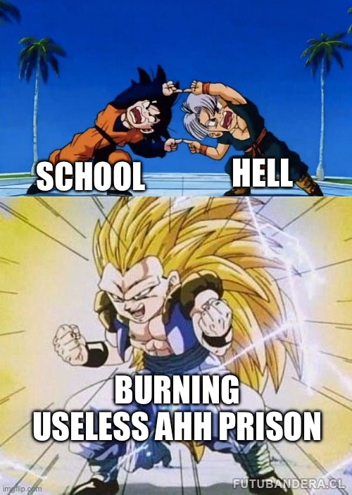 DBZ FUSION | HELL; SCHOOL; BURNING USELESS AHH PRISON | image tagged in dbz fusion | made w/ Imgflip meme maker