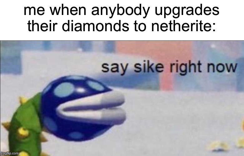 Say sike right now | me when anybody upgrades their diamonds to netherite: | image tagged in say sike right now | made w/ Imgflip meme maker