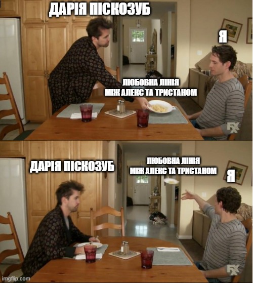 Always Sunny Plate Throw | ДАРІЯ ПІСКОЗУБ; Я; ЛЮБОВНА ЛІНІЯ МІЖ АЛЕКС ТА ТРИСТАНОМ; ЛЮБОВНА ЛІНІЯ МІЖ АЛЕКС ТА ТРИСТАНОМ; ДАРІЯ ПІСКОЗУБ; Я | image tagged in always sunny plate throw | made w/ Imgflip meme maker