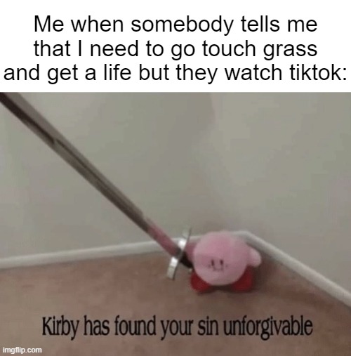 If you watch tiktok you need to delete that app and go touch grass PLEASE | Me when somebody tells me that I need to go touch grass and get a life but they watch tiktok: | image tagged in kirby has found your sin unforgivable,memes,funny,you know the rules it's time to die,say goodbye,tiktok sucks | made w/ Imgflip meme maker