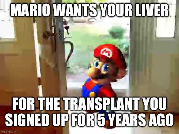 Mario wants your liver | MARIO WANTS YOUR LIVER; FOR THE TRANSPLANT YOU SIGNED UP FOR 5 YEARS AGO | image tagged in mario wants your liver | made w/ Imgflip meme maker