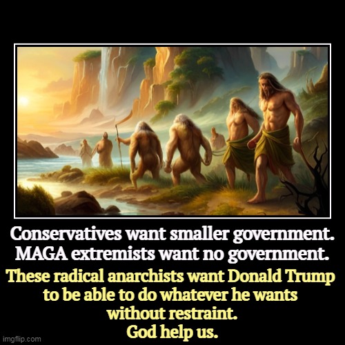 Conservatives want smaller government.
MAGA extremists want no government. | These radical anarchists want Donald Trump 
to be able to do wh | image tagged in funny,demotivationals,conservatives,maga,extreme,anarchism | made w/ Imgflip demotivational maker
