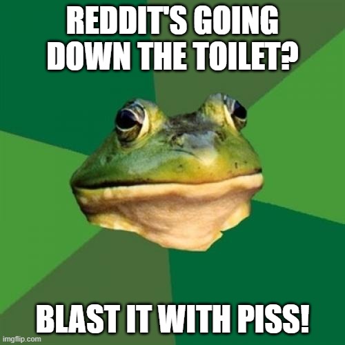 Foul Bachelor Frog Meme | REDDIT'S GOING DOWN THE TOILET? BLAST IT WITH PISS! | image tagged in memes,foul bachelor frog | made w/ Imgflip meme maker