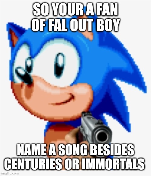 Sonic gun pointed | SO YOUR A FAN OF FAL OUT BOY; NAME A SONG BESIDES CENTURIES OR IMMORTALS | image tagged in sonic gun pointed | made w/ Imgflip meme maker