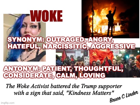Woke | WOKE; SYNONYM: OUTRAGED, ANGRY, HATEFUL, NARCISSITIC, AGGRESSIVE; ANTONYM: PATIENT, THOUGHTFUL, CONSIDERATE, CALM, LOVING; The Woke Activist battered the Trump supporter
with a sign that said, "Kindness Matters"; Bruce C Linder | image tagged in woke,synonym,antonym,hateful,outraged,narcissistic | made w/ Imgflip meme maker