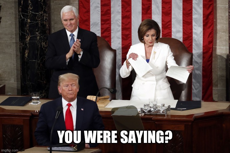 Nancy Pelosi rips Trump speech | YOU WERE SAYING? | image tagged in nancy pelosi rips trump speech | made w/ Imgflip meme maker