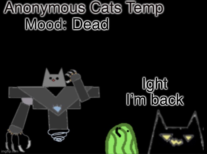 One little argument later | Dead; Ight I’m back | image tagged in anonymous_cats temp | made w/ Imgflip meme maker