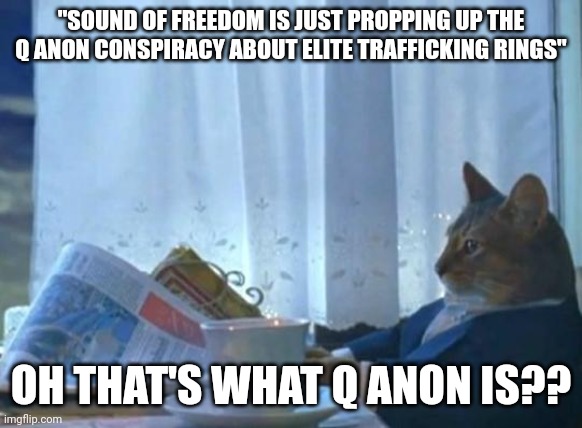How dare they? | "SOUND OF FREEDOM IS JUST PROPPING UP THE Q ANON CONSPIRACY ABOUT ELITE TRAFFICKING RINGS"; OH THAT'S WHAT Q ANON IS?? | image tagged in cat newspaper,question,sound of freedom,scumbag hollywood,save the children | made w/ Imgflip meme maker