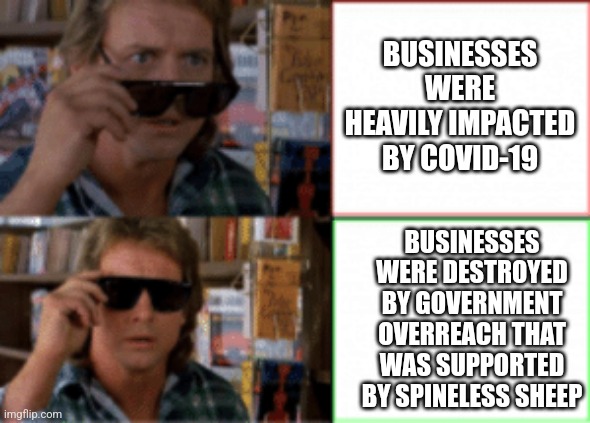 They live sunglasses | BUSINESSES WERE HEAVILY IMPACTED BY COVID-19; BUSINESSES WERE DESTROYED BY GOVERNMENT OVERREACH THAT WAS SUPPORTED BY SPINELESS SHEEP | image tagged in they live sunglasses | made w/ Imgflip meme maker
