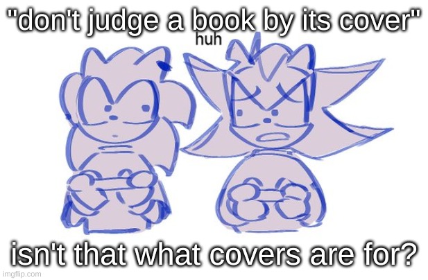 ig it's really just to tell you a general idea of what the books about but it's literally supposed to use first impressions and  | "don't judge a book by its cover"; isn't that what covers are for? | image tagged in sonic and shadow glance | made w/ Imgflip meme maker