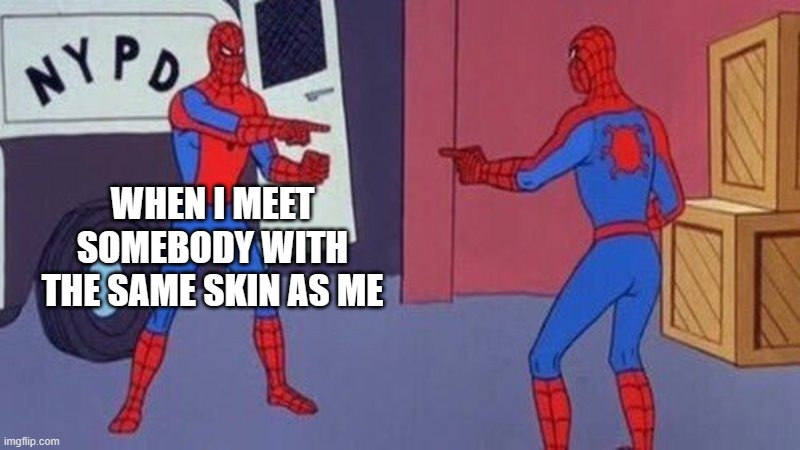 spiderman pointing at spiderman | WHEN I MEET SOMEBODY WITH THE SAME SKIN AS ME | image tagged in spiderman pointing at spiderman | made w/ Imgflip meme maker
