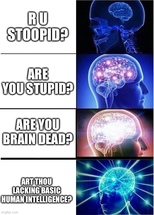 Expanding Brain | R U STOOPID? ARE YOU STUPID? ARE YOU BRAIN DEAD? ART THOU LACKING BASIC HUMAN INTELLIGENCE? | image tagged in memes,expanding brain | made w/ Imgflip meme maker