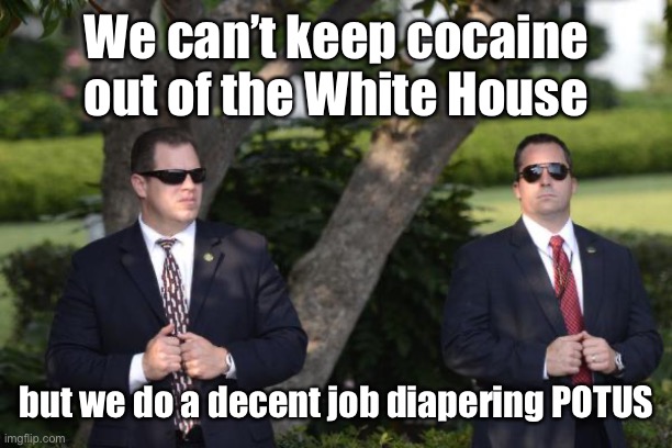 Secret Service | We can’t keep cocaine out of the White House but we do a decent job diapering POTUS | image tagged in secret service | made w/ Imgflip meme maker
