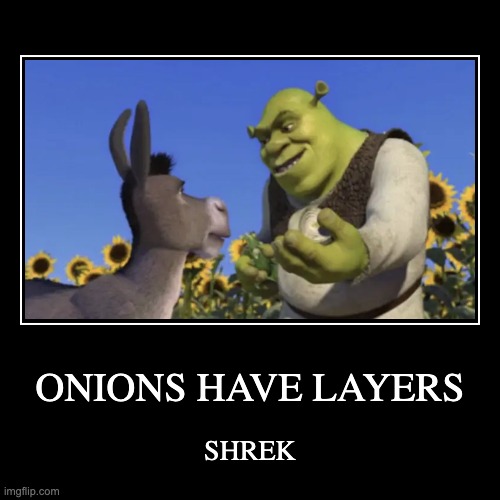 ONIONS HAVE LAYERS | SHREK | image tagged in funny,demotivationals | made w/ Imgflip demotivational maker