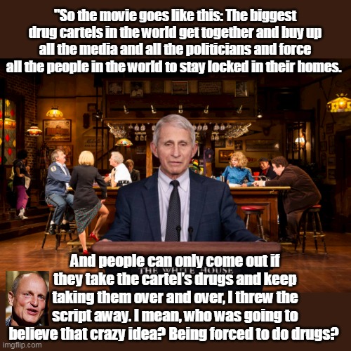 Turns out Woody, is no Block Head | "So the movie goes like this: The biggest drug cartels in the world get together and buy up all the media and all the politicians and force all the people in the world to stay locked in their homes. And people can only come out if they take the cartel’s drugs and keep taking them over and over, I threw the script away. I mean, who was going to believe that crazy idea? Being forced to do drugs? | image tagged in woody harrelson fauci snl meme | made w/ Imgflip meme maker