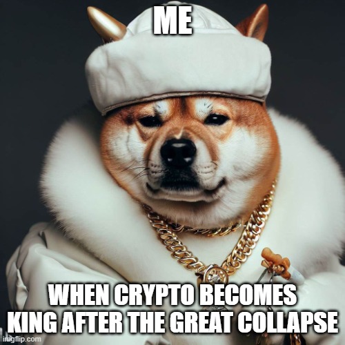 crypto | ME; WHEN CRYPTO BECOMES
KING AFTER THE GREAT COLLAPSE | image tagged in cryptoaire,dogecoin,bitcoin,shiba inu | made w/ Imgflip meme maker