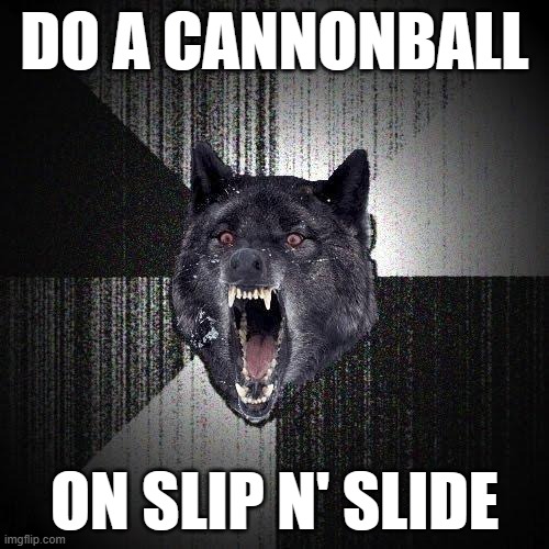 Wait. Has anyone ever actually tried that? And lived? | DO A CANNONBALL; ON SLIP N' SLIDE | image tagged in memes,insanity wolf,cannonball,slip n slide,summer,so yeah | made w/ Imgflip meme maker