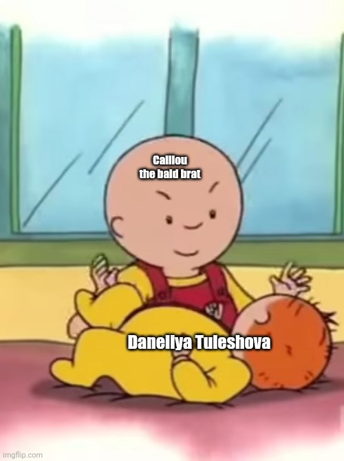Caillou is about to pinch my most hated singer in existence | Caillou the bald brat; Daneliya Tuleshova | image tagged in memes,daneliya tuleshova sucks,caillou,hahahaha | made w/ Imgflip meme maker