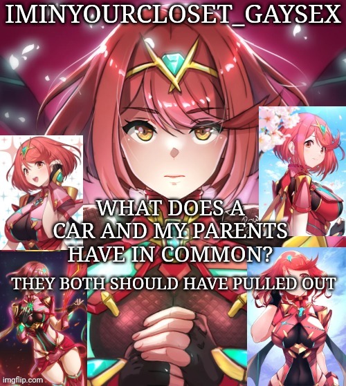 WHAT DOES A CAR AND MY PARENTS HAVE IN COMMON? THEY BOTH SHOULD HAVE PULLED OUT | image tagged in pyra my beloved | made w/ Imgflip meme maker