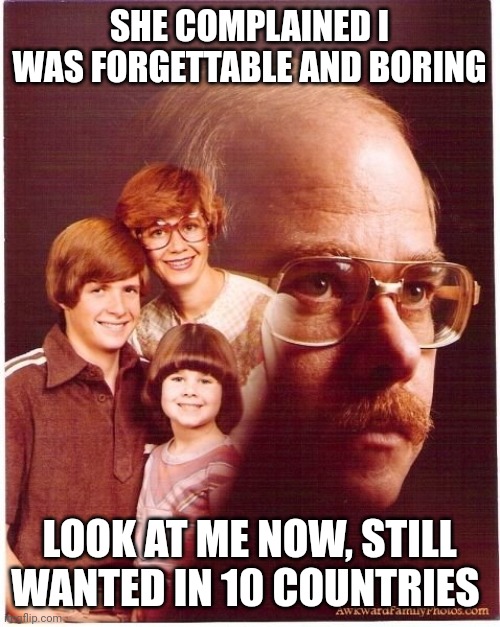 Vengeance Dad | SHE COMPLAINED I WAS FORGETTABLE AND BORING; LOOK AT ME NOW, STILL WANTED IN 10 COUNTRIES | image tagged in memes,vengeance dad | made w/ Imgflip meme maker