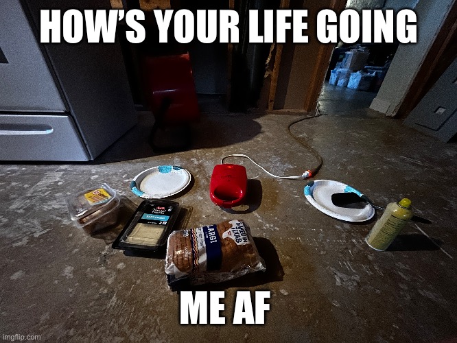 Me af | HOW’S YOUR LIFE GOING; ME AF | image tagged in custom template | made w/ Imgflip meme maker