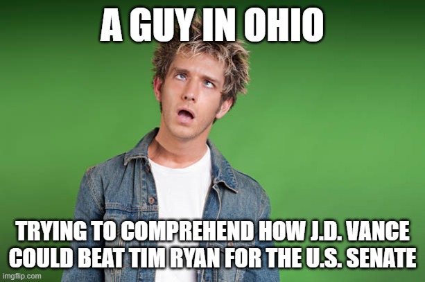 Ohio 2022 US Senate race | A GUY IN OHIO; TRYING TO COMPREHEND HOW J.D. VANCE COULD BEAT TIM RYAN FOR THE U.S. SENATE | image tagged in dazed,ohio,jd vance,tim ryan | made w/ Imgflip meme maker