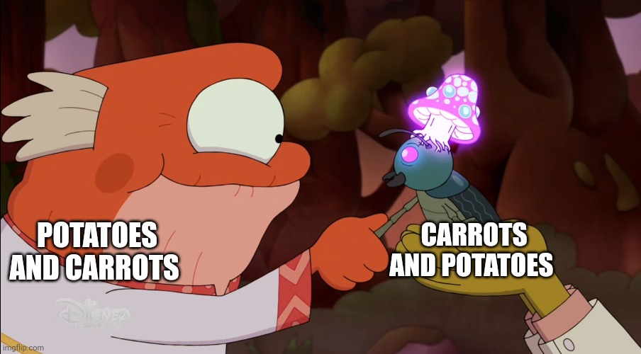 Carrots and potatoes and potatoes and carrots | POTATOES AND CARROTS; CARROTS AND POTATOES | image tagged in a truce | made w/ Imgflip meme maker