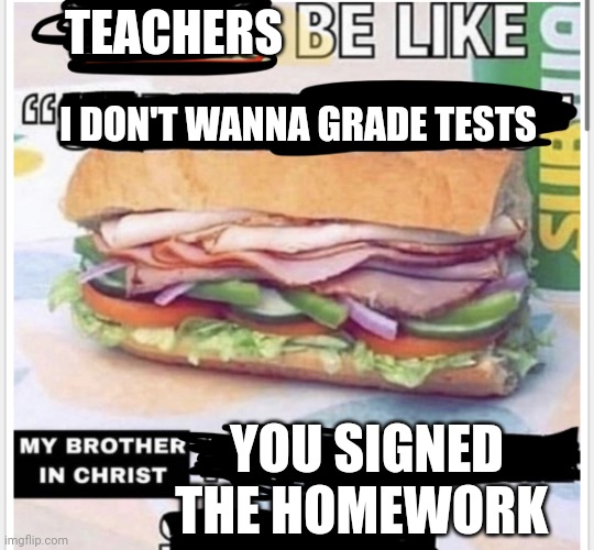 My brother in christ you signed the homework! | TEACHERS; I DON'T WANNA GRADE TESTS; YOU SIGNED THE HOMEWORK | image tagged in my brother in christ subway | made w/ Imgflip meme maker