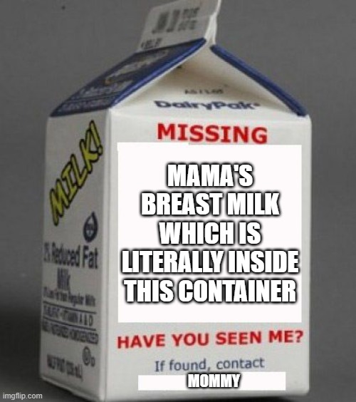 Milk carton | MAMA'S BREAST MILK WHICH IS LITERALLY INSIDE THIS CONTAINER MOMMY | image tagged in milk carton | made w/ Imgflip meme maker